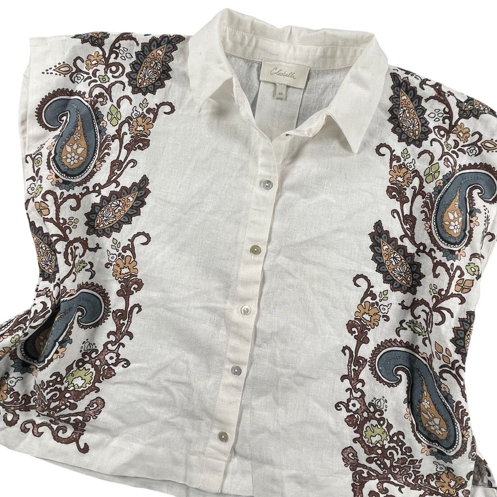 Cleobella XS White Paisley Coastal Linen Blend Lagenlook Cropped Boho Blouse